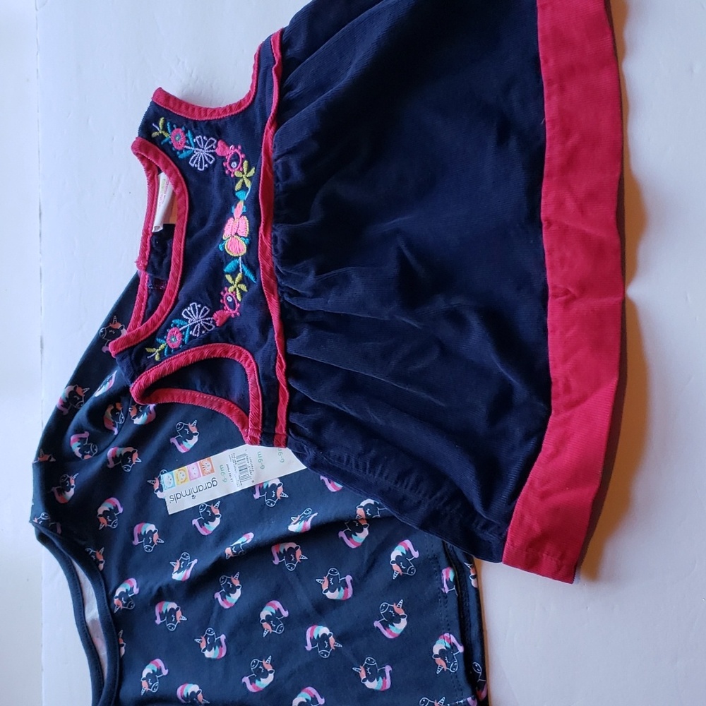Blue Floral Corduroy Dress and New Unicorn Shirt 6-9M